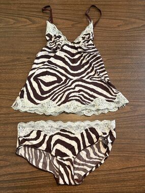Jezebel Small Medium Zebra Print Lace Trim Cami & Brief Set Brown Blue